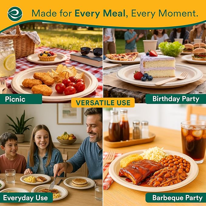 ECO SOUL 6 Inch Compostable Disposable Paper Plates [200 Pack] Food Safe 100% Virgin Bagasse Pulp Heavy Duty Biodegradable Microwave Safe Small Round Dessert Plate for Party, Picnic & BBQ (Brown)