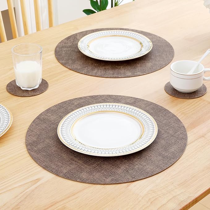 Homaxy Round Faux Leather Placemats and Coasters, Washable Dual-Side Table Mats, Wipeable Heat-Resistant Dining Place Mats for Outdoor and Indoor, Set of 4, Diameter 13 and 3.93 inch, Dark Brown