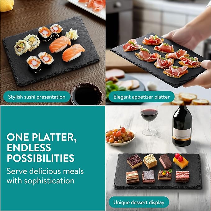 Navaris Slate Plates - Food Contact Safe Black Stone Plates - Cheese Platter Charcuterie Boards Serving Plates - Stone Slab Plate Cheese Board - Set of 6-9.1 x 5.9 (23 x 15cm)