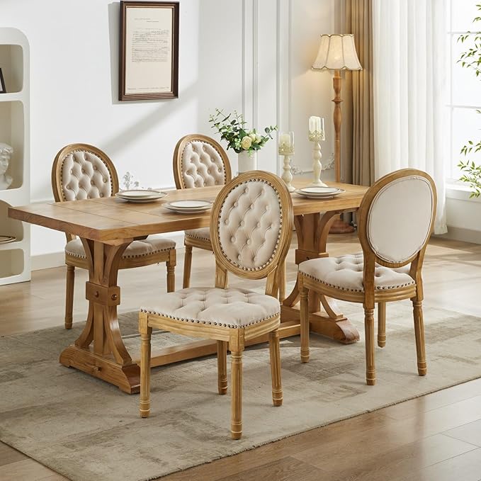 Vintage French Dining Chairs Set of 6, Round Back Velvet Upholstered Accent Chairs with Nailhead Trim and Solid Wood Frame, Elegant Sillas de Comedor for Dining Room & Kitchen, Beige