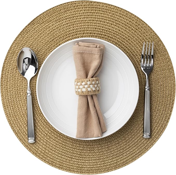 Round Placemats Set of 12 Plastic Woven Placemats Washable Wipeable Table Mats for Dining Table Heat Resistant Non-Slip Circle Place Mats (Tan)