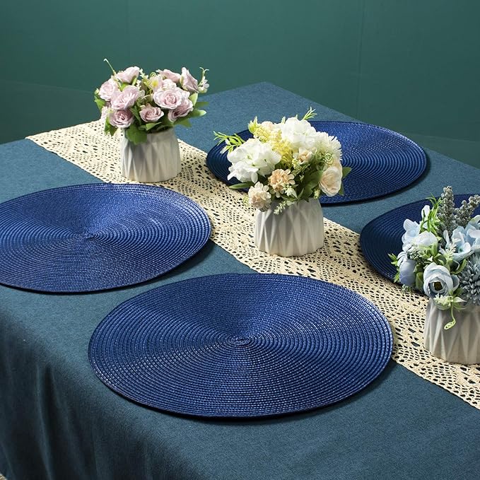 AHHFSMEI Round Braided Placemats 15 Inch Round Table Mats for Dining Tables Natural Woven Heat Resistant Place mats Set of 6 (Navy Blue)