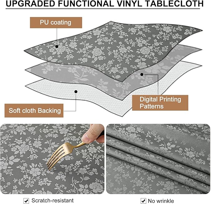 Smiry Rectangle Table Cloth, Waterproof Heavy Duty Vinyl Tablecloths, Wipeable Washable Table Cover for Kitchen and Dining Room (Grey, 60" X 140")