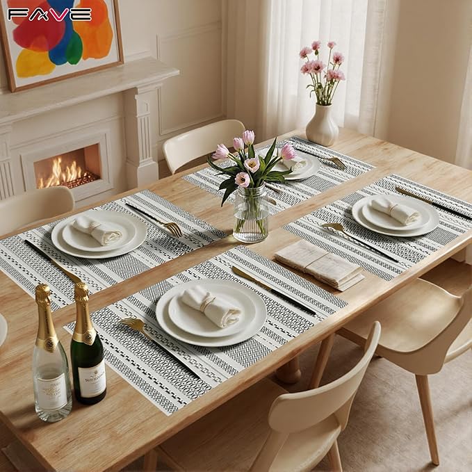 FAVE Boho Vinyl Placemats Set of 4, Durable Woven Place Mats Washable Heat Resistant PVC Table Mats for Parties,Weddings, Dining,Banquet(Gray, 4PCS)