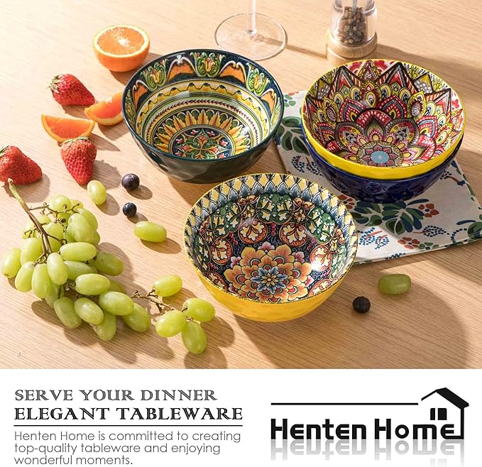 Henten Home Ceramic Soup Bowls Set of 6, 25 oz Porcelain Cereal Bowl Set, Colorful Bohemian Style Serving Bowls for Salad, Pasta, Oatmeal, Microwave & Dishwasher Safe