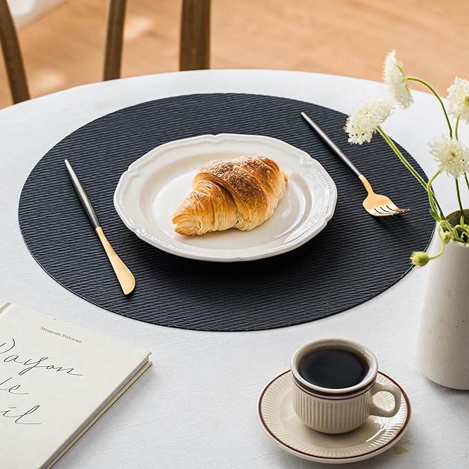 Jovono 15" Faux Leather Big Round Placemats Set of 4 - Washable Heat Resistant Non-Slip Dining Table Mats with Fabric Texture for Kitchen Home Party Decor, Black