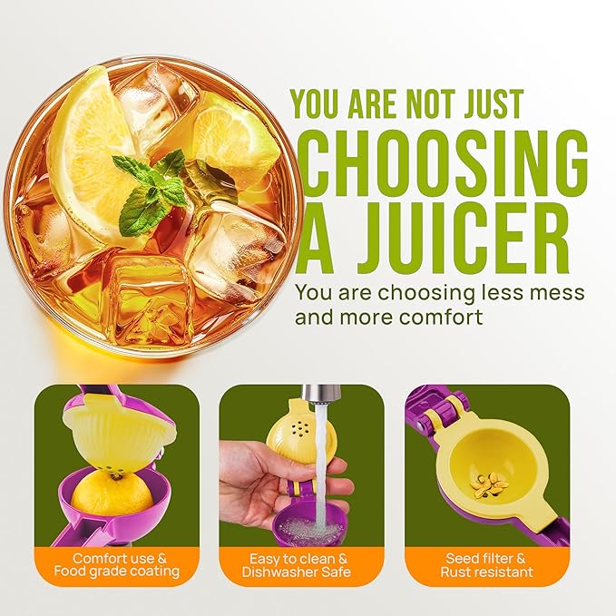 Zulay Kitchen Metal 2-in-1 Lemon Squeezer - Sturdy Max Extraction Hand Juicer Lemon Squeezer Gets Every Last Drop - Easy to Clean Manual Citrus Juicer - Easy-Use Lemon Juicer Squeezer - Purple/Yellow