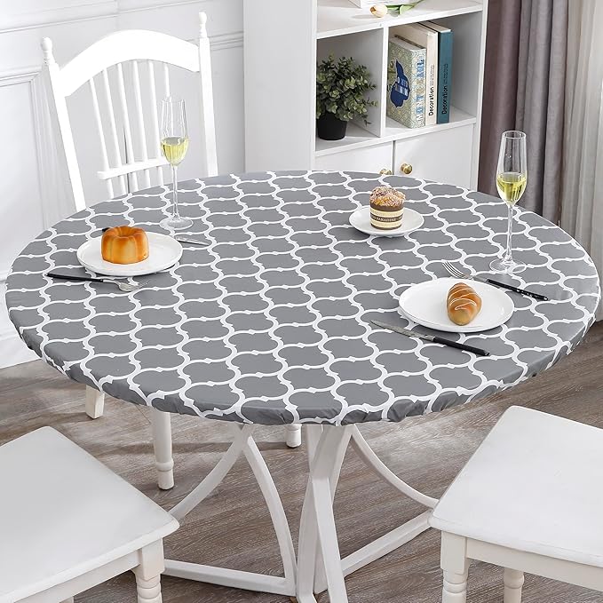Walrus Round Vinyl Fitted Tablecloth with Flannel Backing Elastic Edge Design Table Cover Waterproof Oil-Proof PVC Table Cloth Stain-Resistant Best for 57"-66" Round
