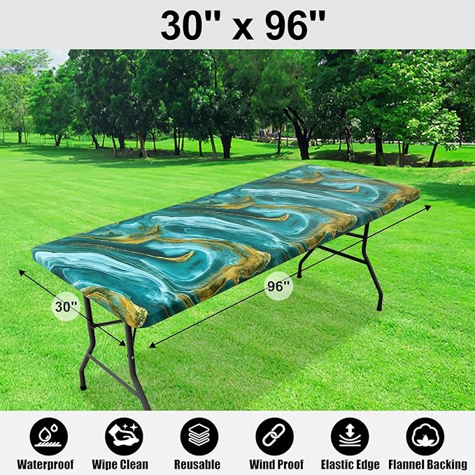 Smiry Rectangle Table Cloth Cover, Waterproof Elastic Fitted Picnic Tablecloth for 8 Foot Tables, Wipeable Flannel Backed Vinyl Tablecloths for Camping, Dining, Outdoor (Teal & Gold, 30" x 96")
