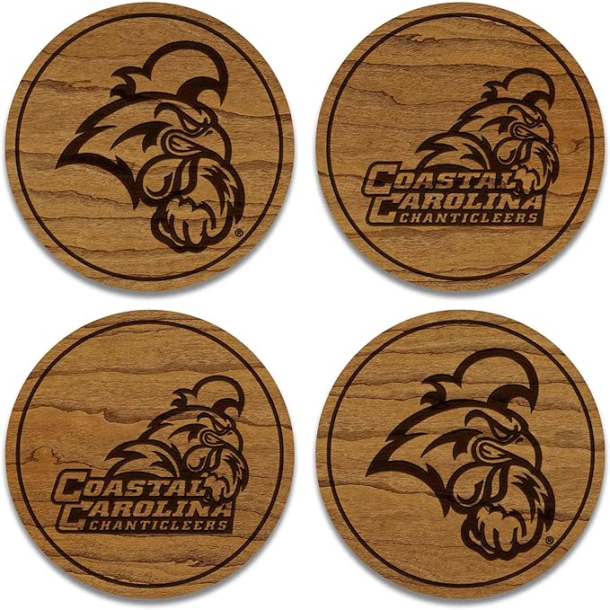LazerEdge Coastal Carolina Chanticleers Wooden Coaster Set - Cherry Wood - Officially Licensed Product - 4-Pack