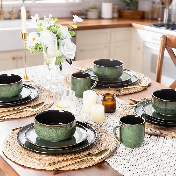 LERATIO Ceramic Plates Set of 6, 8.5 Inch Reactive Glaze Light Weight Porcelain Salad Plates,Modern Shape Dinnerware Dishes Set for Kitchen,Microwave&Dishwasher&Oven Safe,Resistant-Green