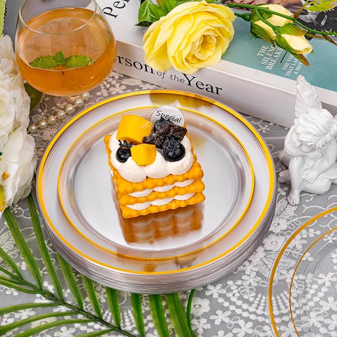 I00000 60PCS Clear Gold Dessert Plates, Clear Plastic Plates with Gold Rim 7 Inch, Fancy Disposable Wedding Plate Heavy Duty for Birthday, Wedding & Party