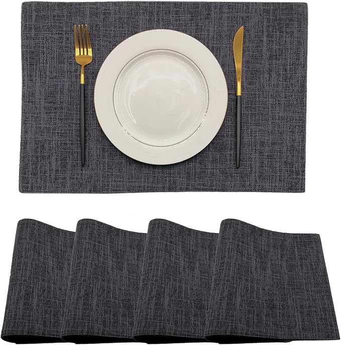 Rilassato Textile Placemats, Set of 4 Heat-Resistant Placemats for Kitchen Table, Washable Durable Linen Table Mats Woven Placemats (4, Charcoal Grey)