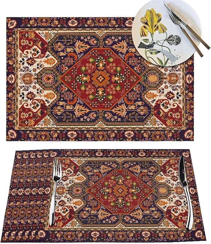 Persian Design Placemats Set of 6 Tribal Texture Boho Persian Rust Wipeable Table Mats Reusable Washable PVC Rectangle Place Mats for Kitchen Dining Home Decor 12x18 Inches