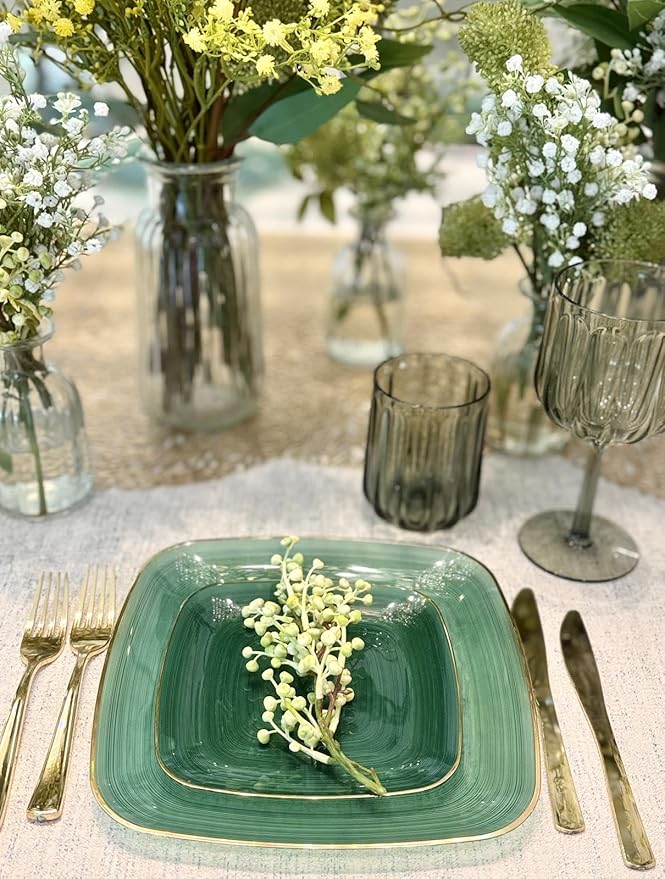 " OCCASIONS " 240 Pieces Pack,(120 Guests) Premium Wedding Party Disposable Plastic Plates Set -120 x 10'' Dinner + 120 x 7'' Salad/Dessert (Belize Square in Green & Gold)