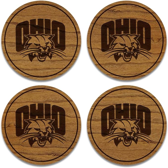 LazerEdge Ohio Bobcats Wooden Coaster Set - Cherry Wood - Officially Licensed Product - 4-Pack