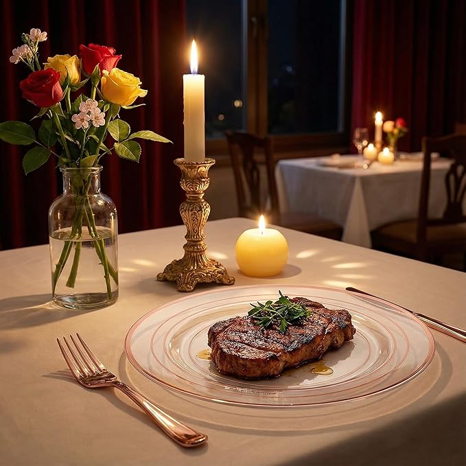 GATHER 350PCS Rose Gold Plastic Plates - Disposable Rose Gold Dinnerware Includes 100 Clear Rose Golds Rimmed Plastic Plates, 150 Silverware, 50 Napkins, 50 Cups for Party, Wedding, Valentine's Day