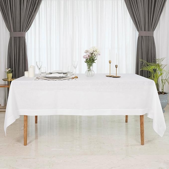 D'Moksha Homes White Linen Tablecloth 60 x 120 Inch - 100% Pure Linen Hemstitch Tablecloth for Rectangle Tables - Classic Hemstitch, Machine Washable Table Cloth for Fall, Autumn and Halloween
