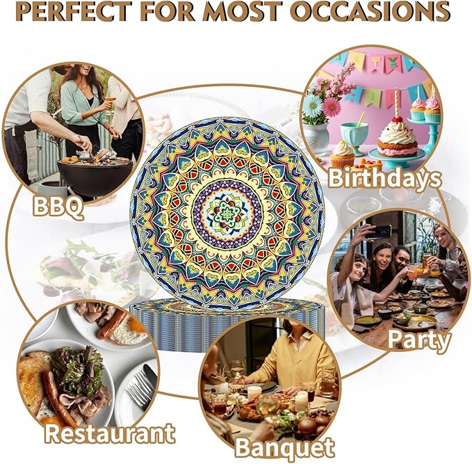 ZULYSTO 100PCS Boho Paper Plates (50×7 Inch & 50×9 Inch) – Disposable Plates, Vintage Bohemian Style Dessert Dinner Plates, Plate Set for Party Kitchen Decorative Birthday Wedding