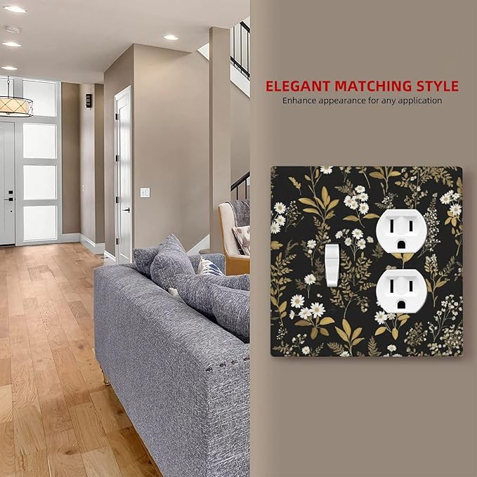 Light Switch Cover Plate Black/Gold Boho Botanical Floral Rustic Flowers 2 Gang Decorative Switch Plates 1 Toggle Duplex Combo Outlet Covers GFCI Wall Plates for Bathroom Kitchen Decor