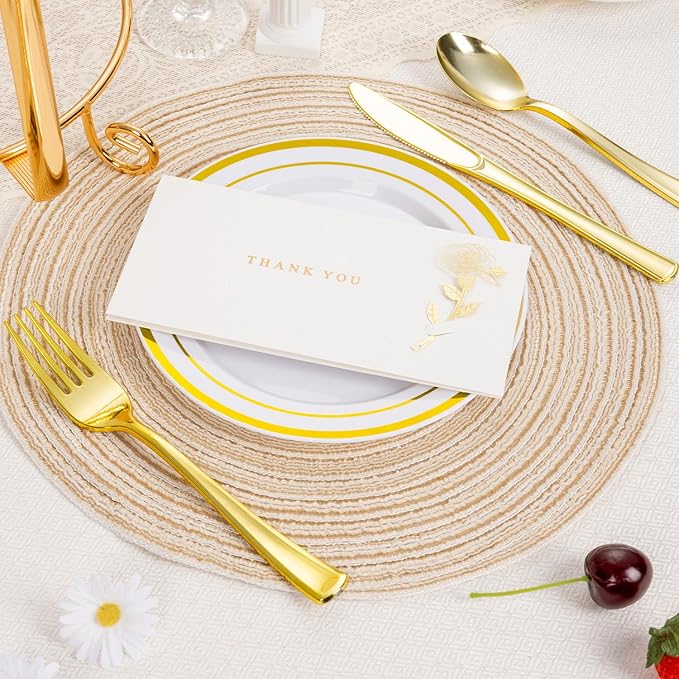 BESTSTAR 7 Inch White with Gold Rim Plastic Plates,100PCS Disposable Dessert/Appetizer/Small Cake Plates,Heavy Duty Plate Ideal for Christmas, Wedding and Birthday