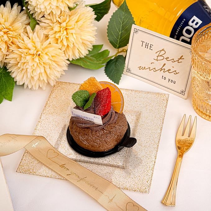supernal 200pcs 6" Gold Dessert Plates Glitter with 5.7" Plastic Forks,Disposable Square Plates for 100 Guests,Party Plastic Salad Plate Appetizer Square Plates Suit for Party, Wedding