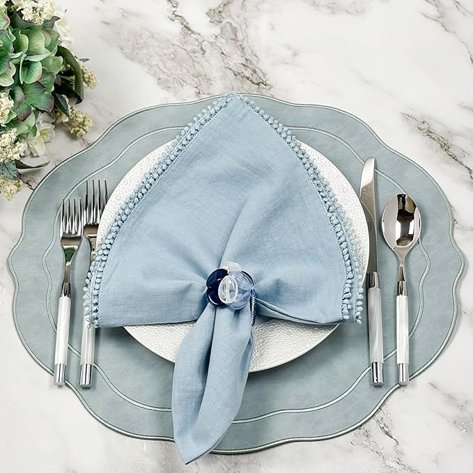 Beaded Pebble Stone Napkin Rings – Handcrafted Acrylic Holders with Natural Coastal Look – Elegant Table Decor for Modern, Ester, Spring, Wedding, or Gift - Set of 4, Blue