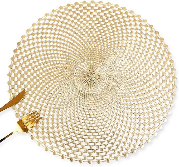 FAVE Set of 4 Gold Vinyl Round Placemats, Spiral Hollow Out Washable for Weddings, Parties, Birthdays, Restaurant & Home (15 Inch)