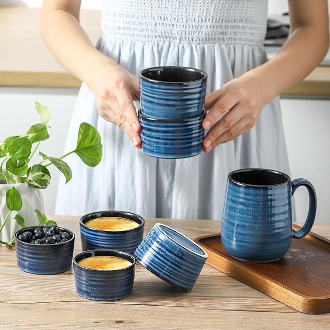 Ceramic Ramekins 6 oz, Oven Safe Souffle Dish Set of 6 for Baking, Porcelain Dipping Sauce Bowls for Creme Brulee,Stackable Custard Cups for Pudding, Ice Cream, Lava Cakes, Blue