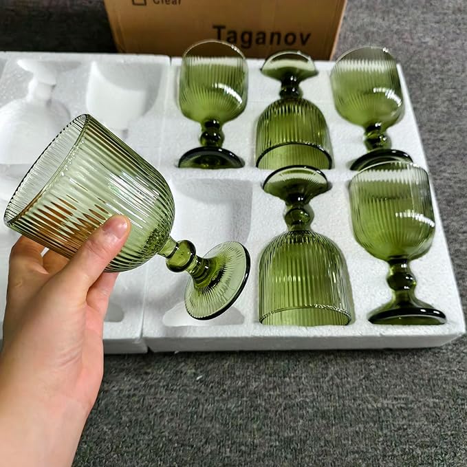 Green Drinking Glasses set of 6 Big Wine Goblets Vintage Colored Glassware 13 oz for Wedding Party Bar Vertical Line Embossed Pattern Stemmed Cups 400ml
