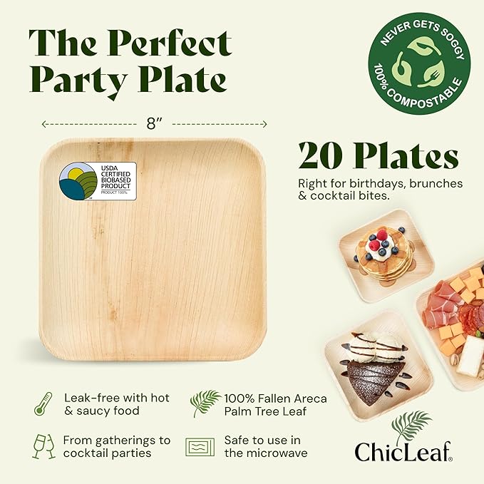 Chic Leaf Palm Leaf Plates 8 Inch - Disposable Bamboo Style Square Dinnerware for Winter Events & Ideal for Romantic Dinner for 2 - Heavy Duty, Compostable Serving Dish for Appetizers & Desser