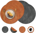 Round Placemats and Coasters Set of 4, Washable Reversible Faux Leather Placemats Cowhide Pattern Place Mats Wipeable Non-Slip 15 inch Round Kitchen Dining Table Mats (Gray Brown, 4)