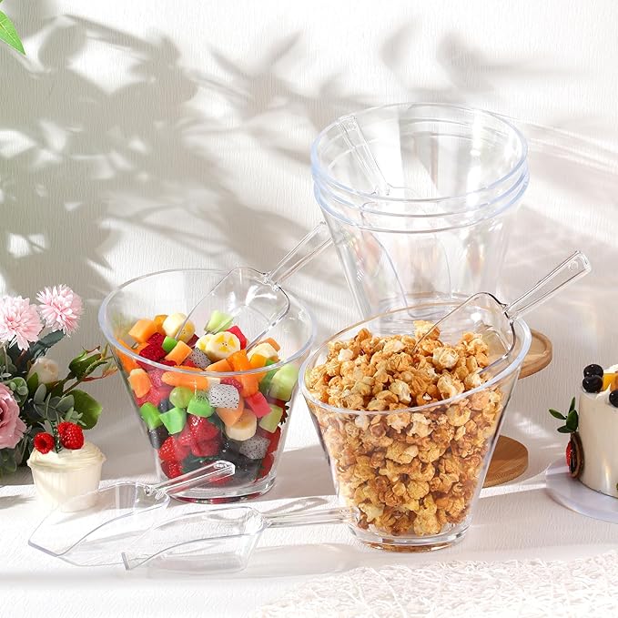 Sawysine 12 Pcs Acrylic Clear Serving Bowls with Plastic Kitchen Scoops Salad Serving Bowls Popcorn Scoops Angled Candy Bowl for Salad Cooking Parties(1.8 L)