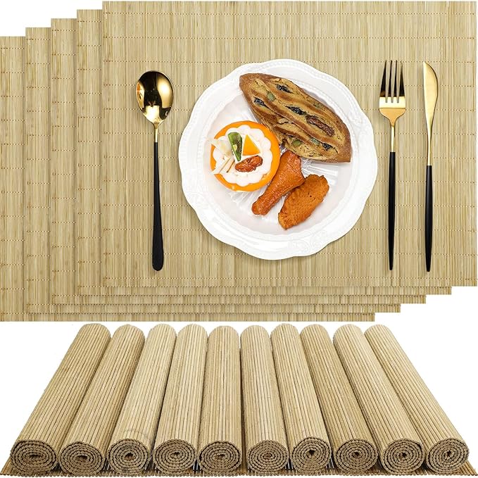 Patelai 12 Set Bamboo Placemats 15.8 x 12 Inch Sushi Rolling Mat Japanese Style Wicker Placemats Washable Heat Resistant Table Mats for Dinner Kitchen Wedding Party (Natural)