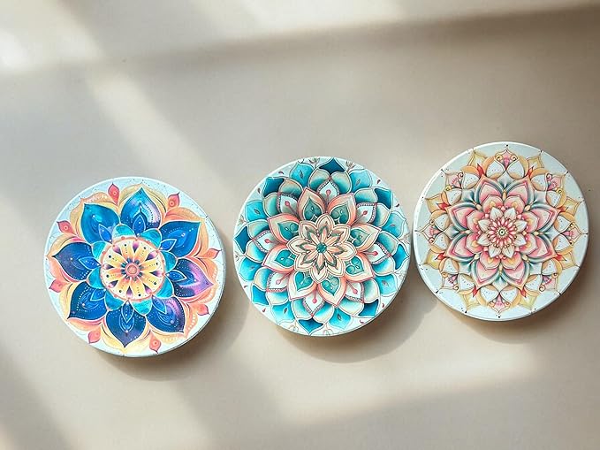 Ceramic Absorbent Coasters Set of 6 with Holder, Marble Drink Coasters for Coffee Table, Water-Absorbing Stone Coasters (Boho Mandala Design)