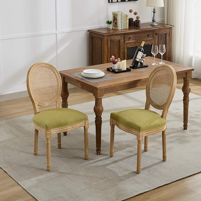 Vintage French Rattan Dining Chairs Set of 2, Round Back Accent Chairs with Rattan Backrest and Upholstered Linen Seat, Solid Frame Wood Sillas de Comedor for Dining Room & Kitchen, Olive Green