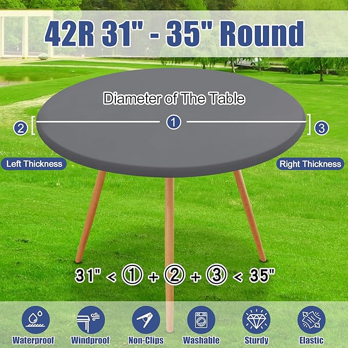 Round Spandex Tablecloth, Elastic Fitted Waterproof Tablecloths for 31"-35" Tables, Stretch Washable Picnic Table Cover for Camping, Dining, Indoor and Outdoor, Grey