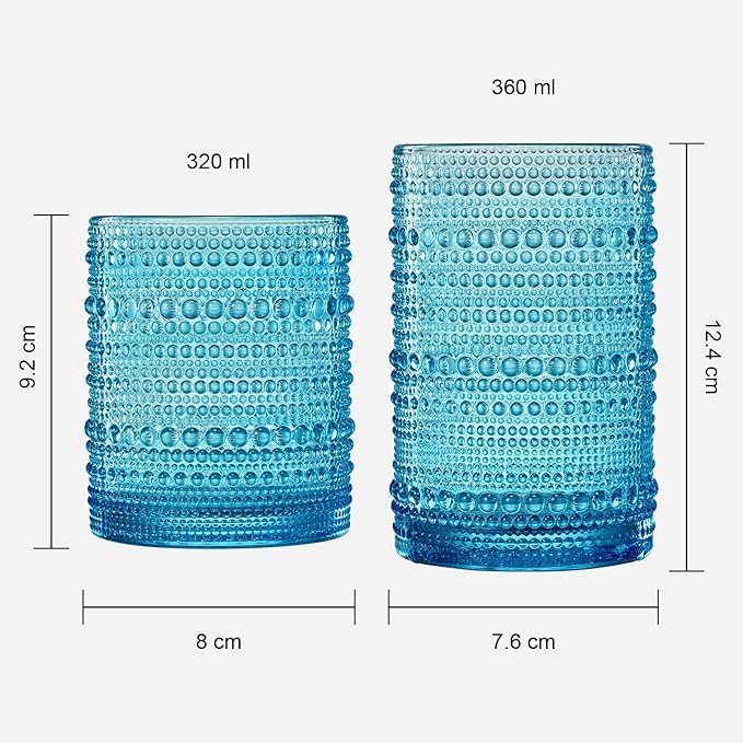 Khen Hobnail Beaded Highball Drinking Tumbler Glasses | Set of 12 | Color, Vintage Bubble Design Whiskey Glassware, Old-Fashioned, Embossed Design for Water, Wine, Cocktail Embossed, Rocks Glass