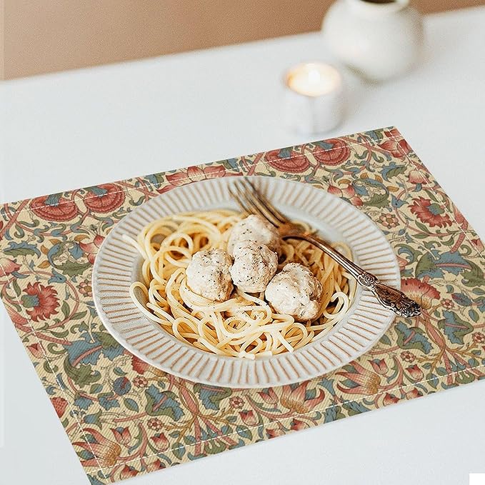 William Morris Placemat Set, Beige Blue Pink Retro Rustic Art Exotic Ethnic Lotus Floral Seamless Pattern Home Decor Linen Table Mats for Dining Room Kitchen Party (17x12in) x6P