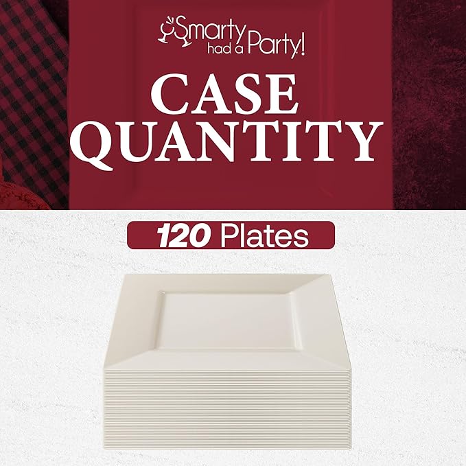 Smarty Had A Party 120 Disposable Plastic Dinnerware, 9.5" Fancy Square Ivory Plates for Parties and Events, Heavy Duty Supplies for All Occasions