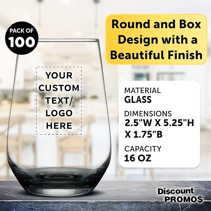 DISCOUNT PROMOS 100 Vaso Silicia Stemless Wine Glasses Set, 16 oz. - Personalized Text, Logo - Clear, Orb-Like, Thick base - Black