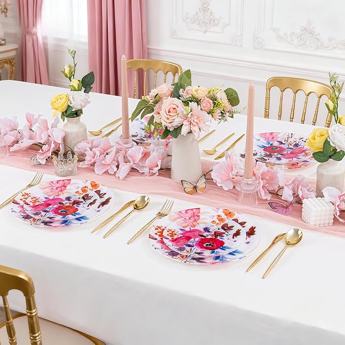 DaYammi 20Pcs Floral Disposable Plastic Plates-Disposable Heavy duty Watercolor Floral Plastic Plates 10.25 inch Dinner plates and 7.5 inch Dessert plates, Disposable Plate for Valentine's Day Party