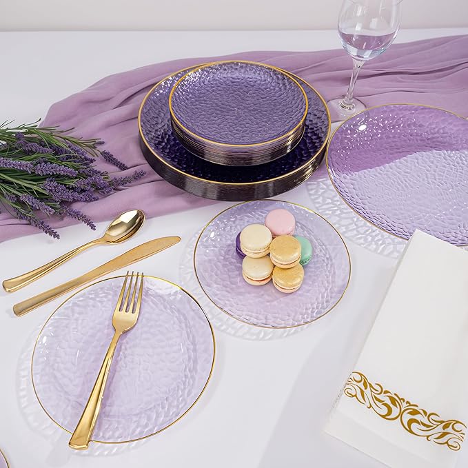 DaYammi 60 Pieces Purple Gold Plastic Plates - 10 inch Clear Dinner Plates - Hammer Pattern Design - Fancy Clear Purple and Gold Disposable Plates For All Occasions