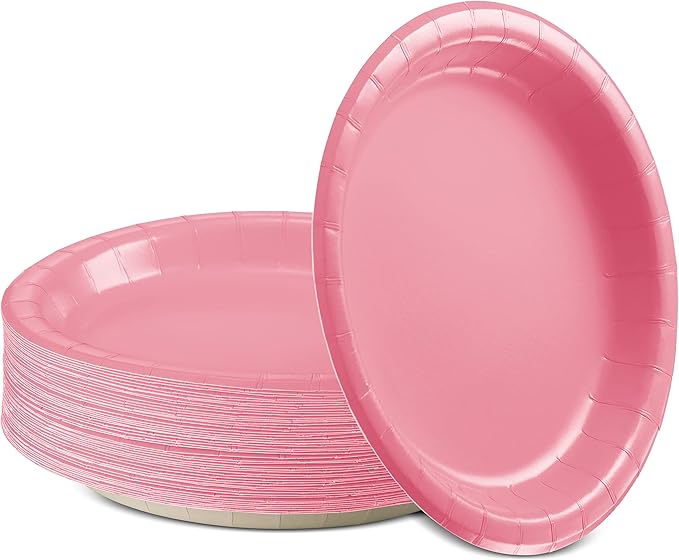 Disposable Paper Plates Pink, 7 Inch Paper Dessert Plates, Strong and Sturdy Disposable Plate for Party, Dinner, Holiday, Picnic, or Travel Party Plate, Pack of 50