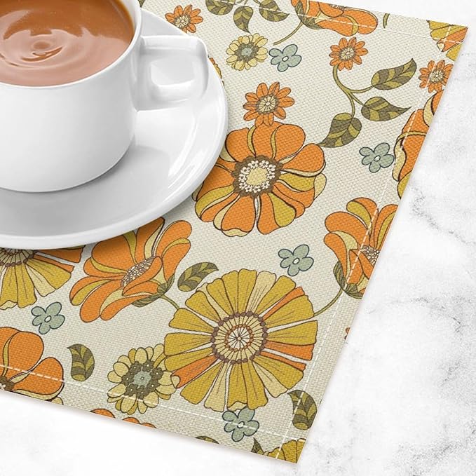 Vintage Boho Plant Floral Placemats，60S 70S Groovy Table Mats for Kitchen Decor Dinner Indoor Retro Hippie Floral Decoration Table Mats Placemat 18"x12" 6 PCS