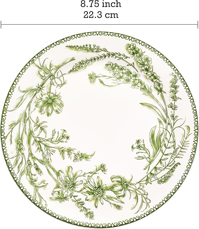 Bico Green Garden Toile De Jouy Salad Plates Set of 4, 8.75 Inch Ceramic Dessert Plates for Salad, Appetizer, Side Dishes, Microwave and Dishwasher Safe, Gift for Housewarming and Thanksgiving