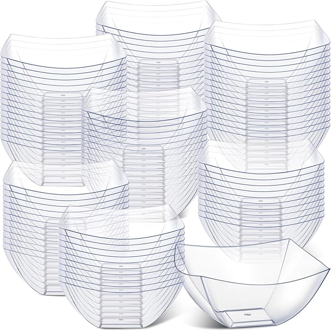 Sliner 100 Pcs Square Plastic Bowls 8 oz Plastic Serving Bowls Disposable Chip Containers for Parties Snack Fruit Candy Containers for Candy Buffet Salad Bar Buffet Party Supplies(Clear)