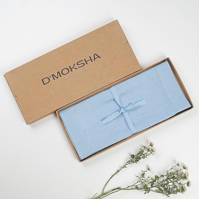 D'Moksha Homes Linen Powder Blue Table Runner 48 Inches - Classic Hemstitch, 100% Pure Linen Coffee Table Runner 14 x 48 Inch Ideal for Dresser Tables - Spring, Easter