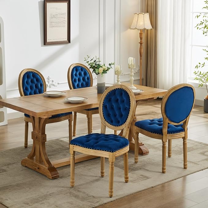 Ball & Cast French Vintage Upholstered Dining Chairs Set of 2, Button Tufted Kitchen Side-Chairs with Carved Antique Wood Frame & Nailhead Trims, 2-Piece Curved Backrest Louis Chair, Velvet Blue