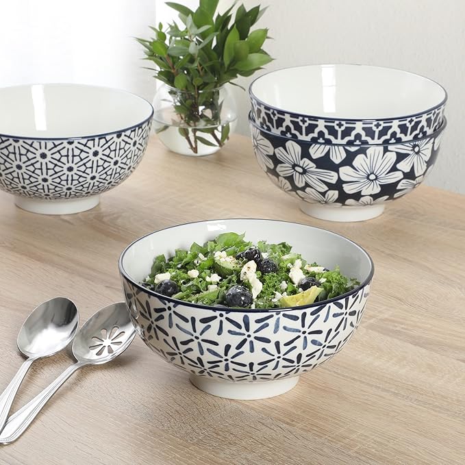 Gibson Home Castle Way 4-Piece Serving Bowl Set, 8 Inch Round Stoneware Bowls, Blue & White Assorted Pattern, Decorative Everyday Use